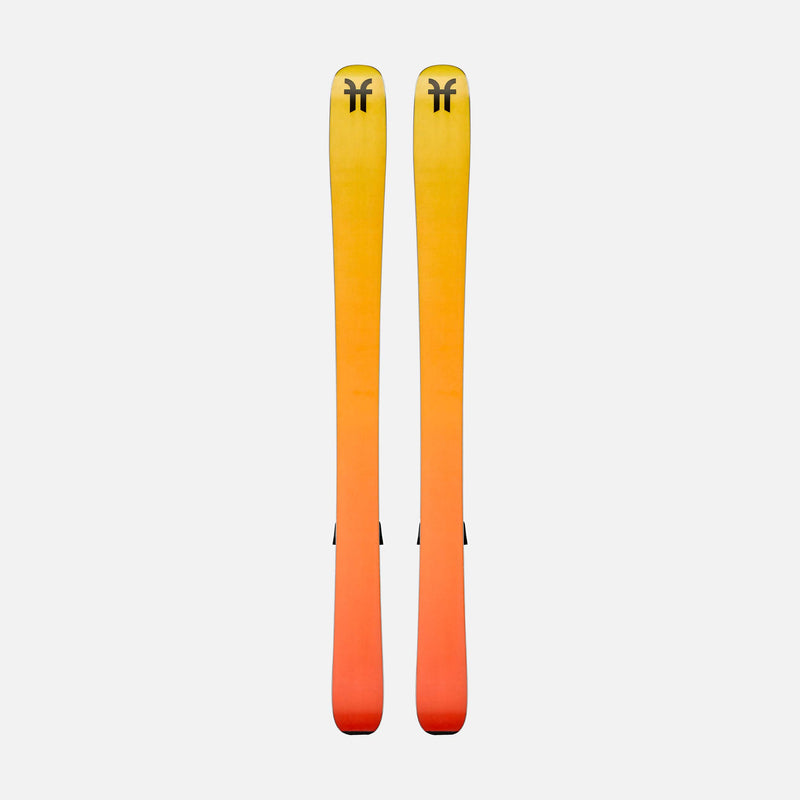 Pair of orange and yellow skis on a white background