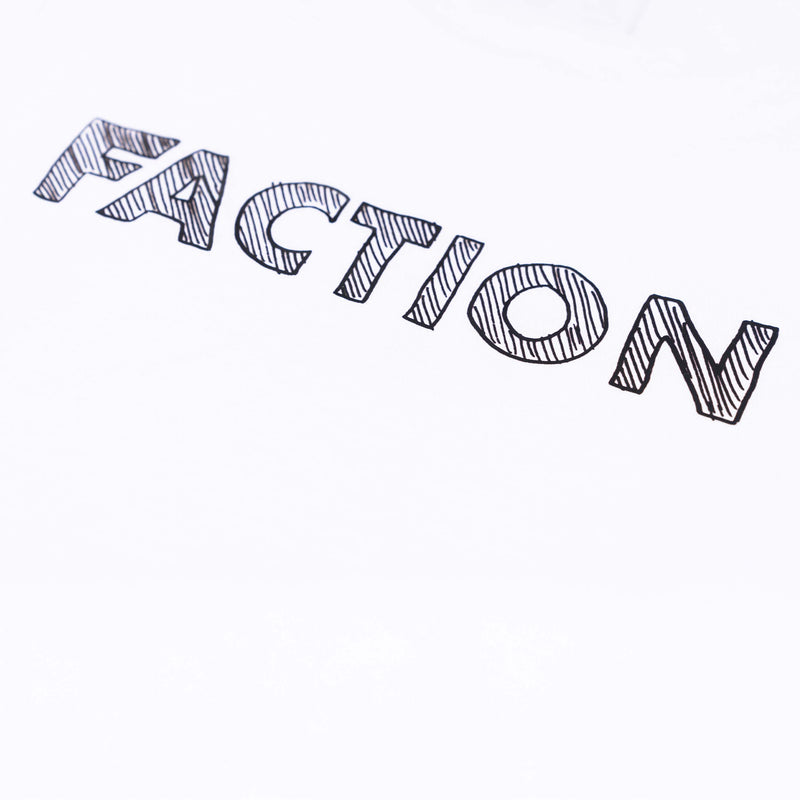 Faction skis white logo t-shirt close-up