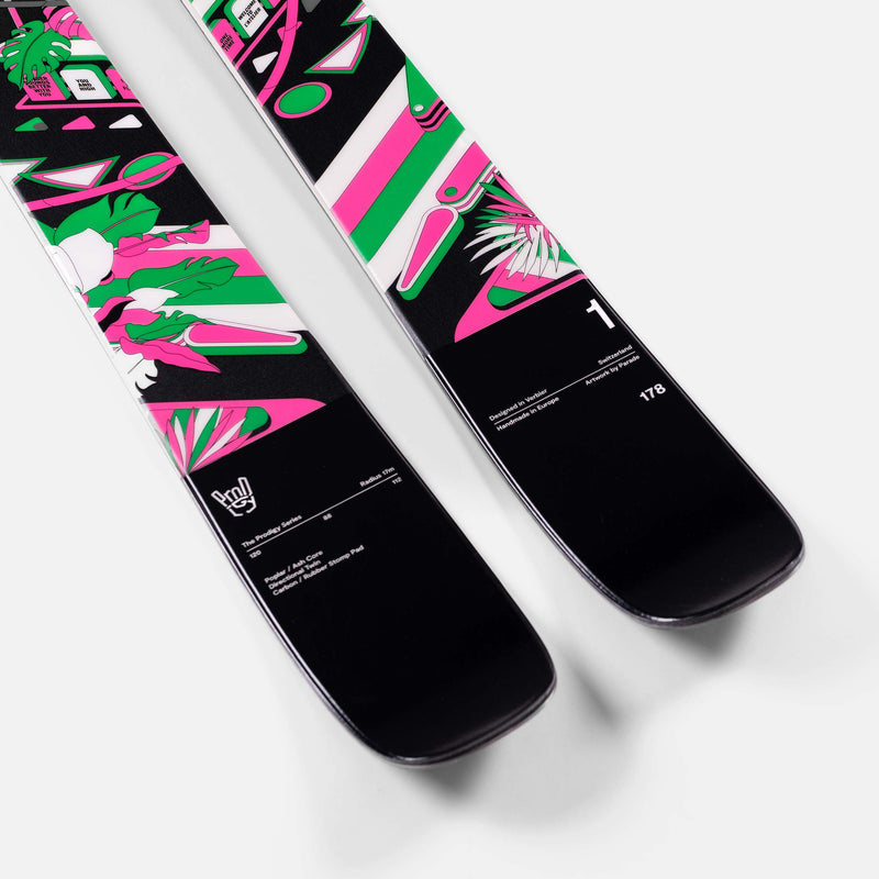 Freestyle black green and pink Faction Prodigy 1 ski close up 2026 