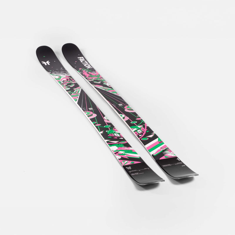 Freestyle black green and pink Faction Prodigy 1 ski close up 2026 