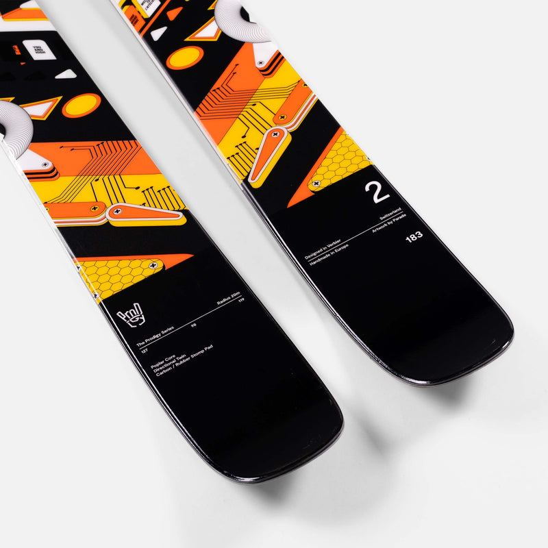 Freestyle and all-mountain black and yellow Faction Prodigy 2 ski close up 2026