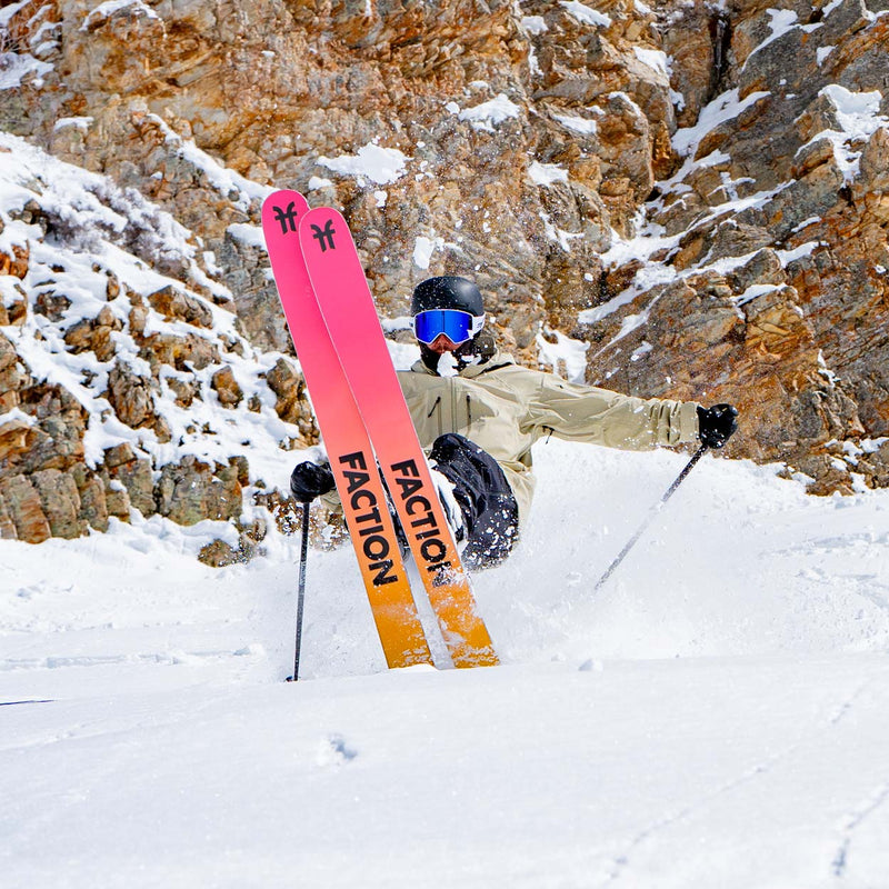 Freeride skier riding powder with Faction Prodigy 4 ski 2026