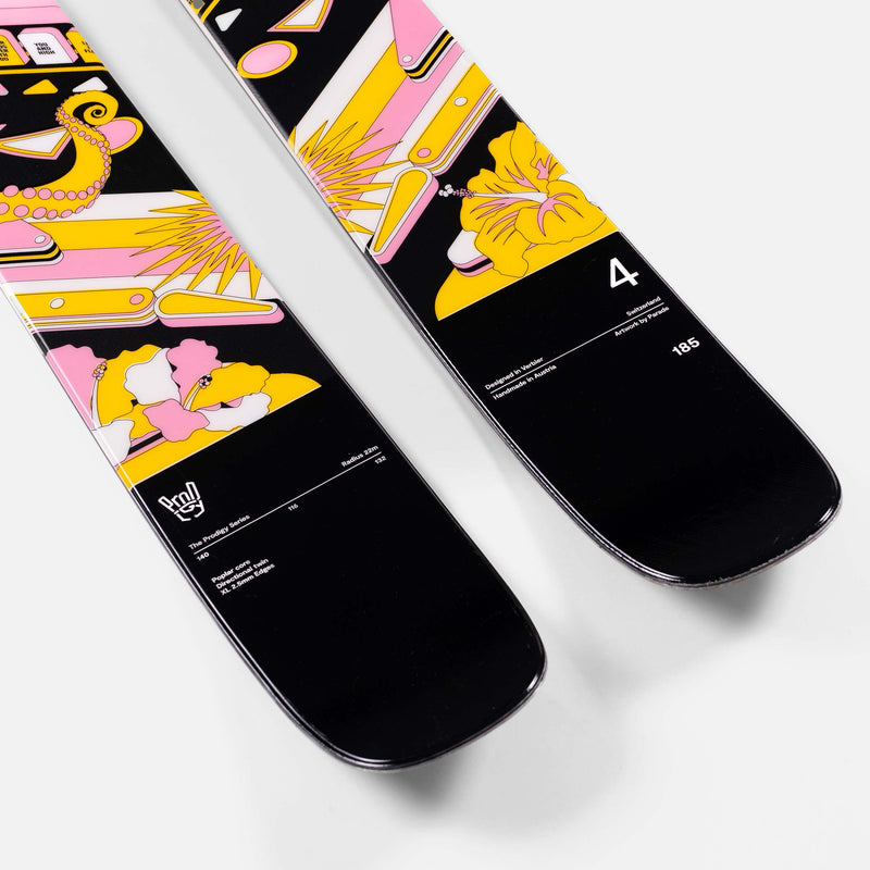Powder and freeride black pink and yellow Faction Prodigy 4 ski close up 2026