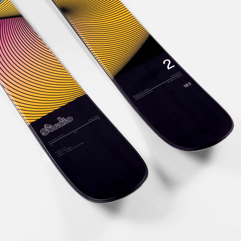 Yellow and purple all-mountain freeride Faction Studio 2 ski close up 2026