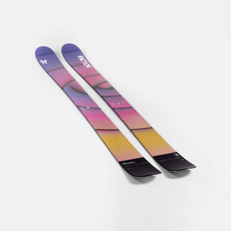 Yellow and purple powder freeride Faction Studio 3 ski close up 2026