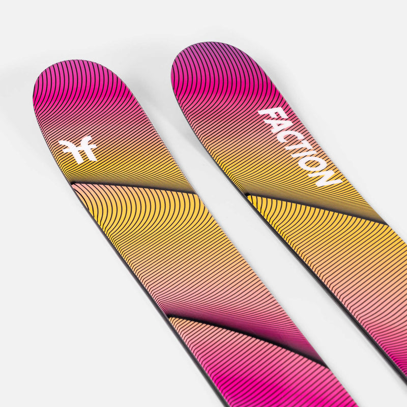 Yellow and purple powder freeride Faction Studio 4 ski close up 2026