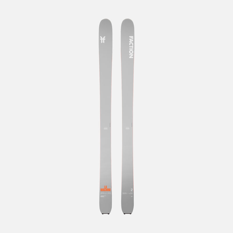 Two gray skis with 'Faction' branding on a light gray background
