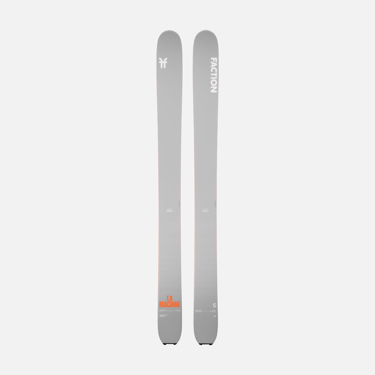 Two gray skis with 'Faction' branding on a light gray background