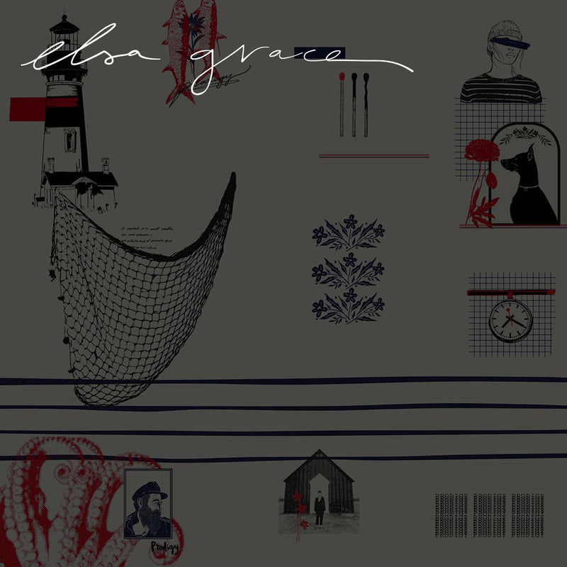 Collection of illustrations and designs with a lighthouse, fishing net, and other elements on a dark background. By Elsa Grace