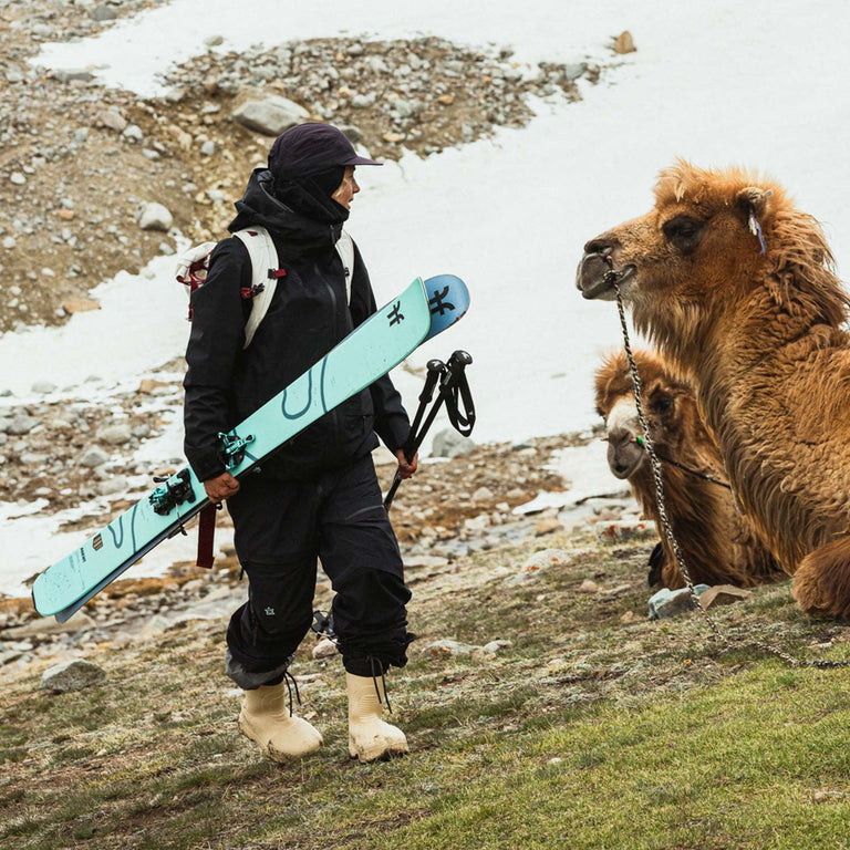 Woman looking at camel while holding Faction Agent free touring skis